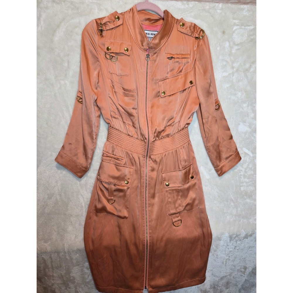 Chris Benz Silk Utility Dress Peach Gold Lurex Zip Front Cargo Pockets‎ Size 4
